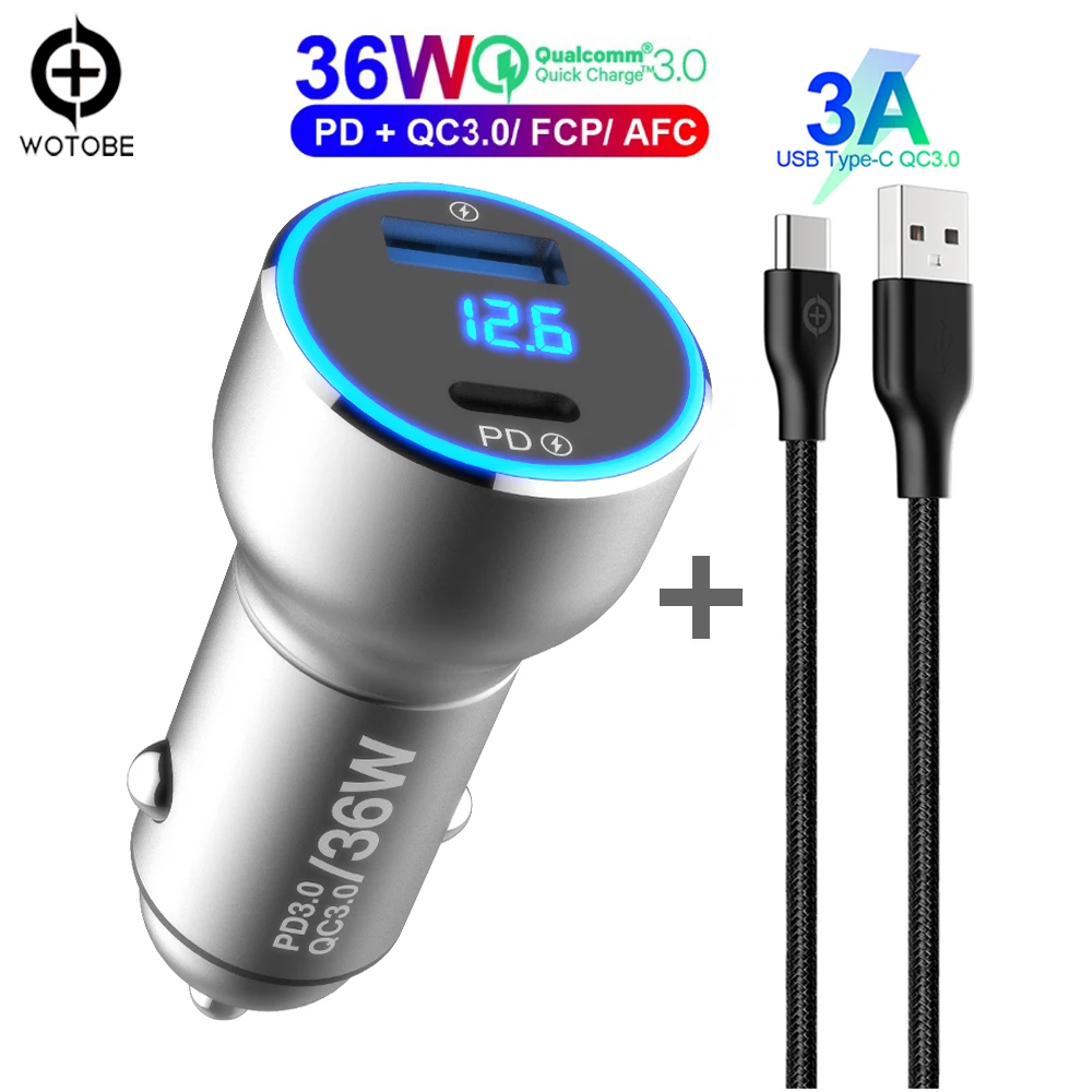 

2port LED display board inspection 36W PD18W USB C car charger QC3.0 AFC fast charger 5A 60W USB C Cable for 11/X/XS/S8/S9/S10