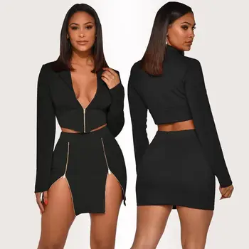 

Zipper Sexy Crop Suit Two Piece Skirt Sets Long Sleeve Jacket Top+Skirt Sexy Club Outfits Women Black Deep V Casual Dress Suits