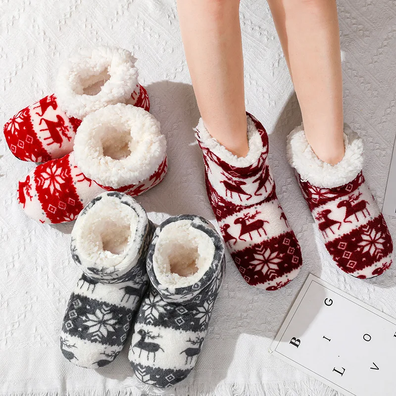 Women Slippers Floor-Shoes Flip-Flops Furry Slides Christmas Plush Winter Cotton Indoor