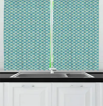 

Dark Turquoise Eggshell Abstract Kitchen Curtains Ornamental Grunge of Geometric Stained-Like Effect Window Drapes