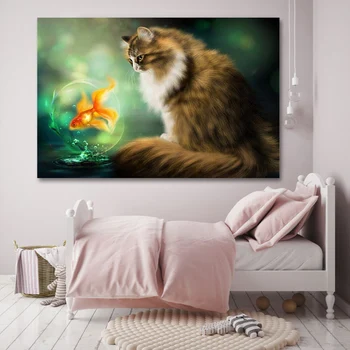 

DIY Digital Paint by Digital Beautiful Goldfish with Cat on View Painting Numbers with Kit 40x50 Frame