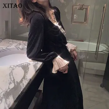 

XITAO Fashion Patchwork Ruffles Dress Black Women Clothes 2020 Spring New Loose Casual V Neck Full Sleeve Elegant Dress DMY4112