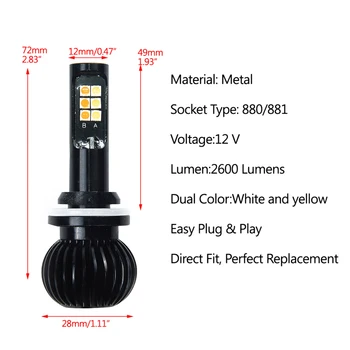 

White/Yellow LED Fog Light 880/881 COB Dual Color Kit For Car A2 2600LM Lamps