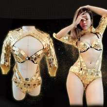 Одежда с золотым зеркалом для ночного клуба, бара, женские Джазовые костюмы Gogo, Золотое сексуальное боди, одежда для сценического фестиваля, Одежда для танцев на шесте, DN4573