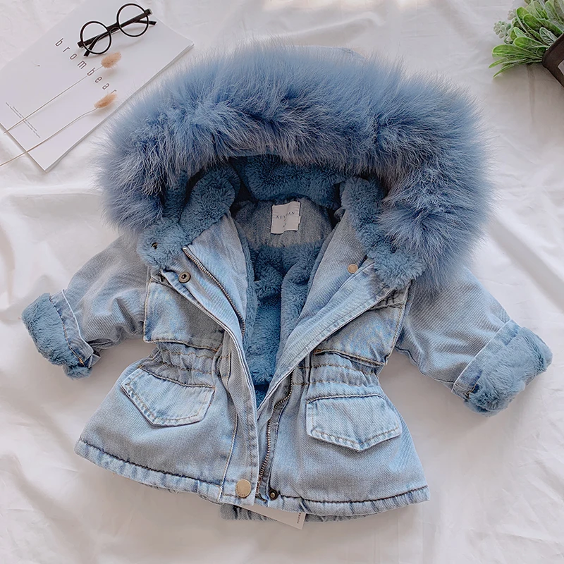 Детское пальто, зимняя джинсовая куртка для мальчиков и девочек, детская одежда, верхняя одежда с капюшоном, От 1 до 5 лет пальто