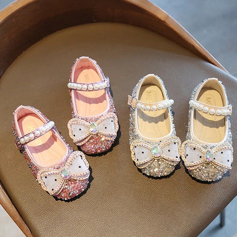 Toddler Baby Flat Shoes Sequined Bling Bling Leather Shoes Princess Girls Pearl Beading Rhinestone Bowtie Mary Janes Dance Shoes