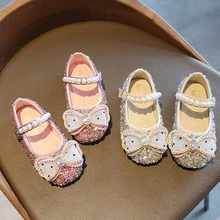 

Toddler Baby Flat Shoes Sequined Bling Bling Leather Shoes Princess Girls Pearl Beading Rhinestone Bowtie Mary Janes Dance Shoes