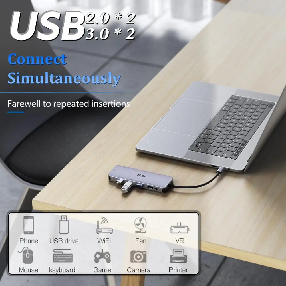 ICZI USB C концентратор типа к HDMI VGA SD TF кардридер 3 0 конвертер для Macbook Pro Pixelbook