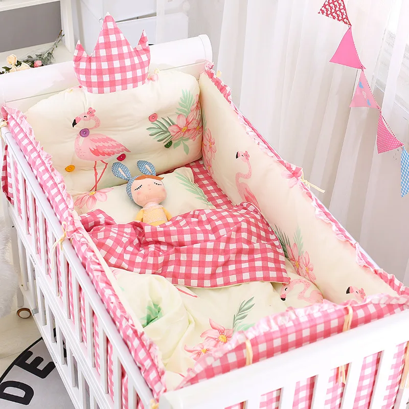 Детские постельные принадлежности для кроватки, Детские простыни, детская кроватка, бампер, наволочка с мультяшным принтом, хлопковая подушка для детской кроватки, 5 в 1 комплект - Цвет: pink flamingo