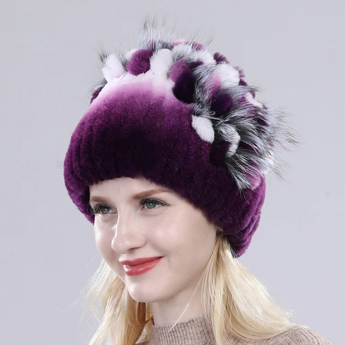 purple and white Женская шапка из натурального меха кролика Рекс, вязаная шапка из натурального меха кролика рекс для русской зимы, женская шапка из натурального меха кролика и лисы, шапочки Skullies - Цвет: purple and white