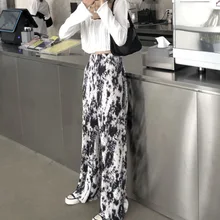 

2021 Casual E Girls Y2K Tie-dyed Trousers Fashion High Waist Pants Straight Pleated Pants Loose Female Sweatpants Streetwear New