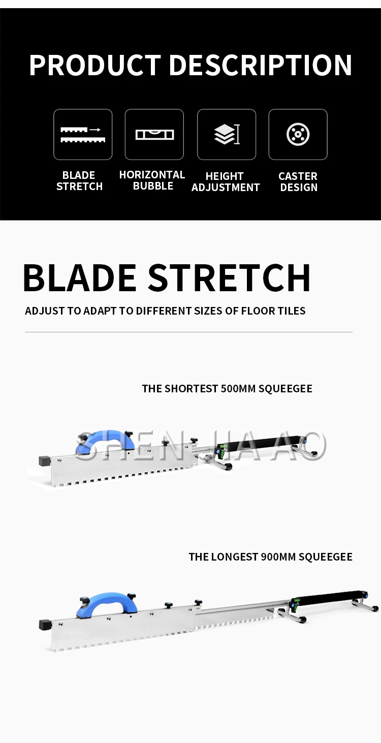 Retractable leveling asher with long and large scraper tile glue grooving and le