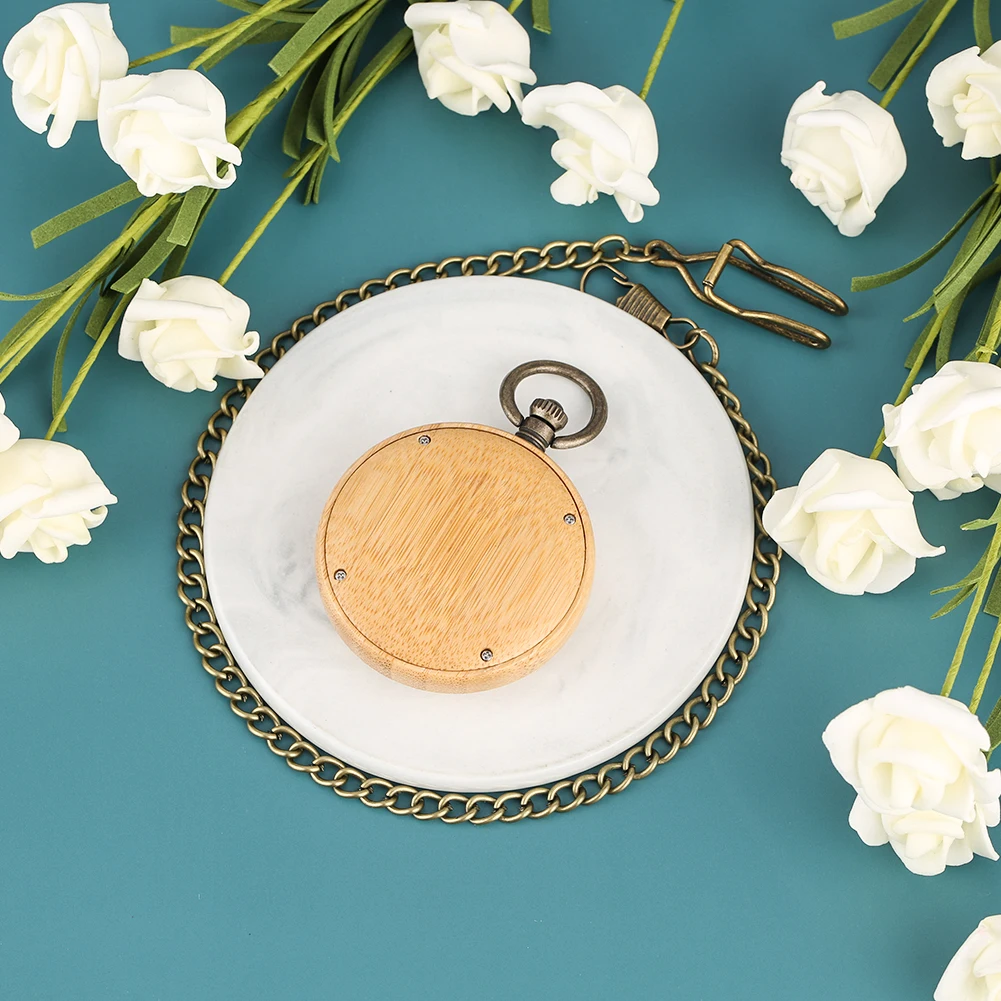 Concise Pocket Watch Luminous Pointer Bamboo Case Carved Scale Surface Dial Clock Rough Chain Gift reloj bolsillo con cadena