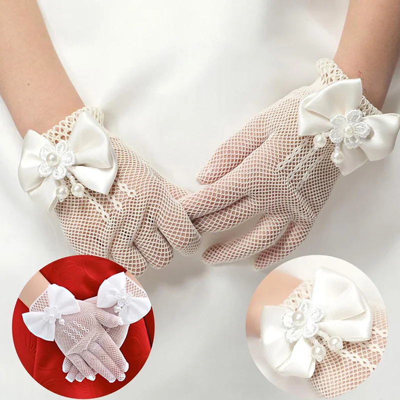 Kids Lace Pearl Mesh Bow Gloves Flower Girl Fishnet Gloves Party Supplies Birthday Ceremony Coronation Accessories For Princess