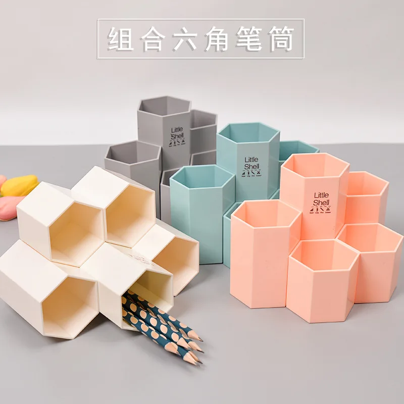 Korean Creative fresh combination hexagonal pen container 5 simple plastic desktop storage box student office supplies