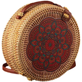 

Women Handwoven Round Rattan Bag Shoulder Leather Straps Natural Chic Hand, 11-Style