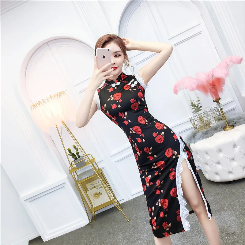 Китайское женское платье cheongsam qipao с цветочным принтом, атласное наклонное женское белье cheongsam vestidos de fiesta de noche