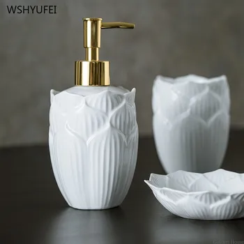 

Bathroom ceramic simple embossed lotus petals modern home wedding hotel toiletries set bathroom supplies soap dish soap bottle