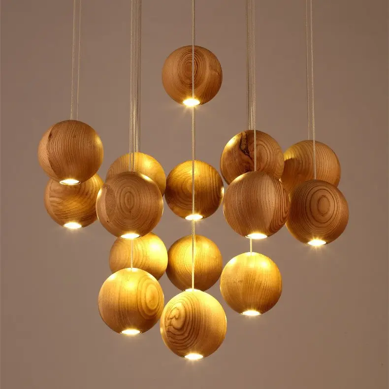 

Scandinavian Minimalist Wooden Product Lighting Solid Wood round Ball Hanging Lighting Creative LED Restaurant Hanging Lamps Man