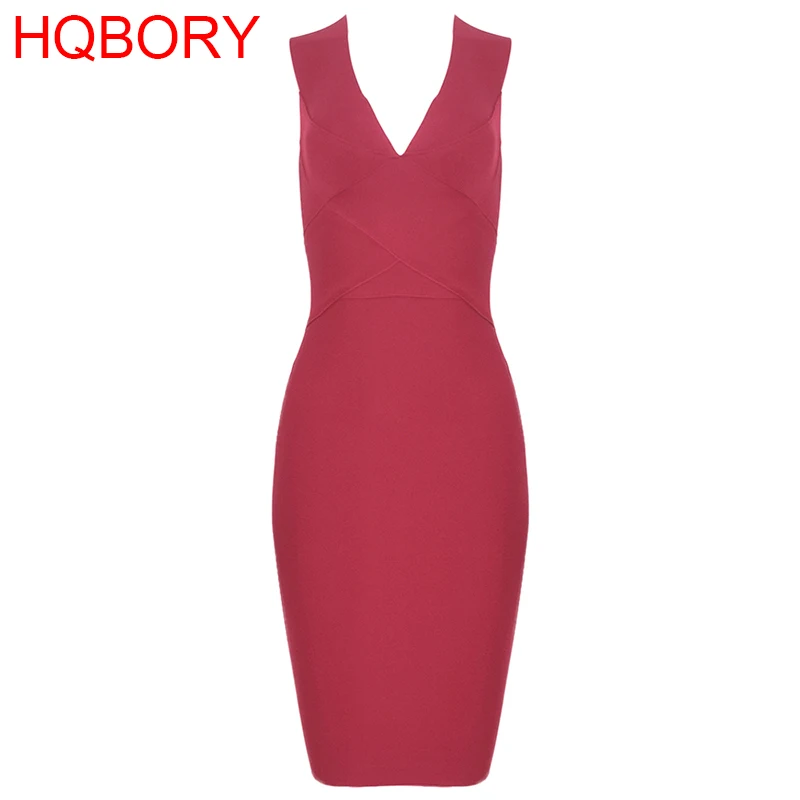 Free Shipping Dark Green Deep V Neck Elastic Knitted Runway Knee Length Sexy Women's New Fashion Bodycon Tank Bandage Dress - Цвет: Бургундия
