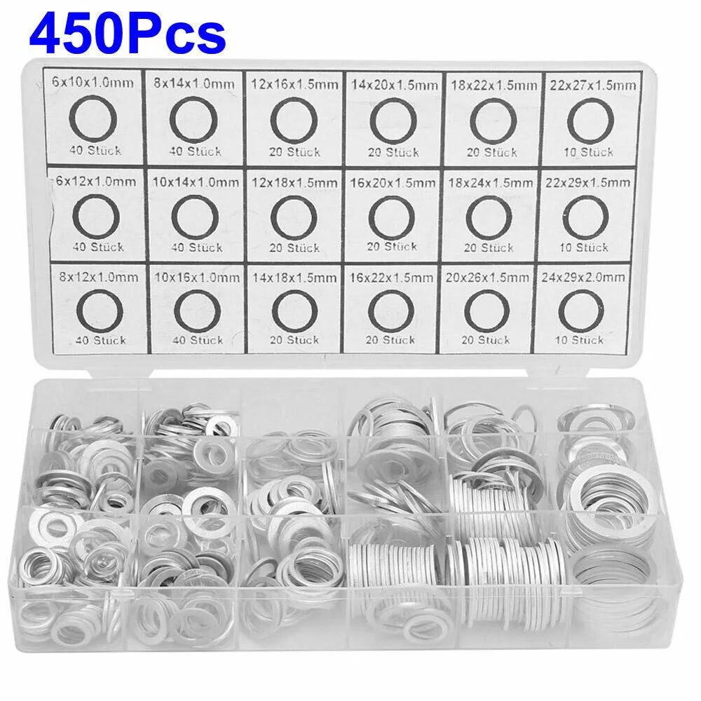 

450Pcs/Set Washer Pipe Silver Gaskets Silver O-Ring Seal Assorted Replacement