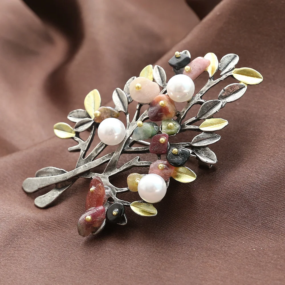 

New Style Retro Top Grade Christmas Tree Natural Stone Brooch Natural Pearl Corsage Clothing
