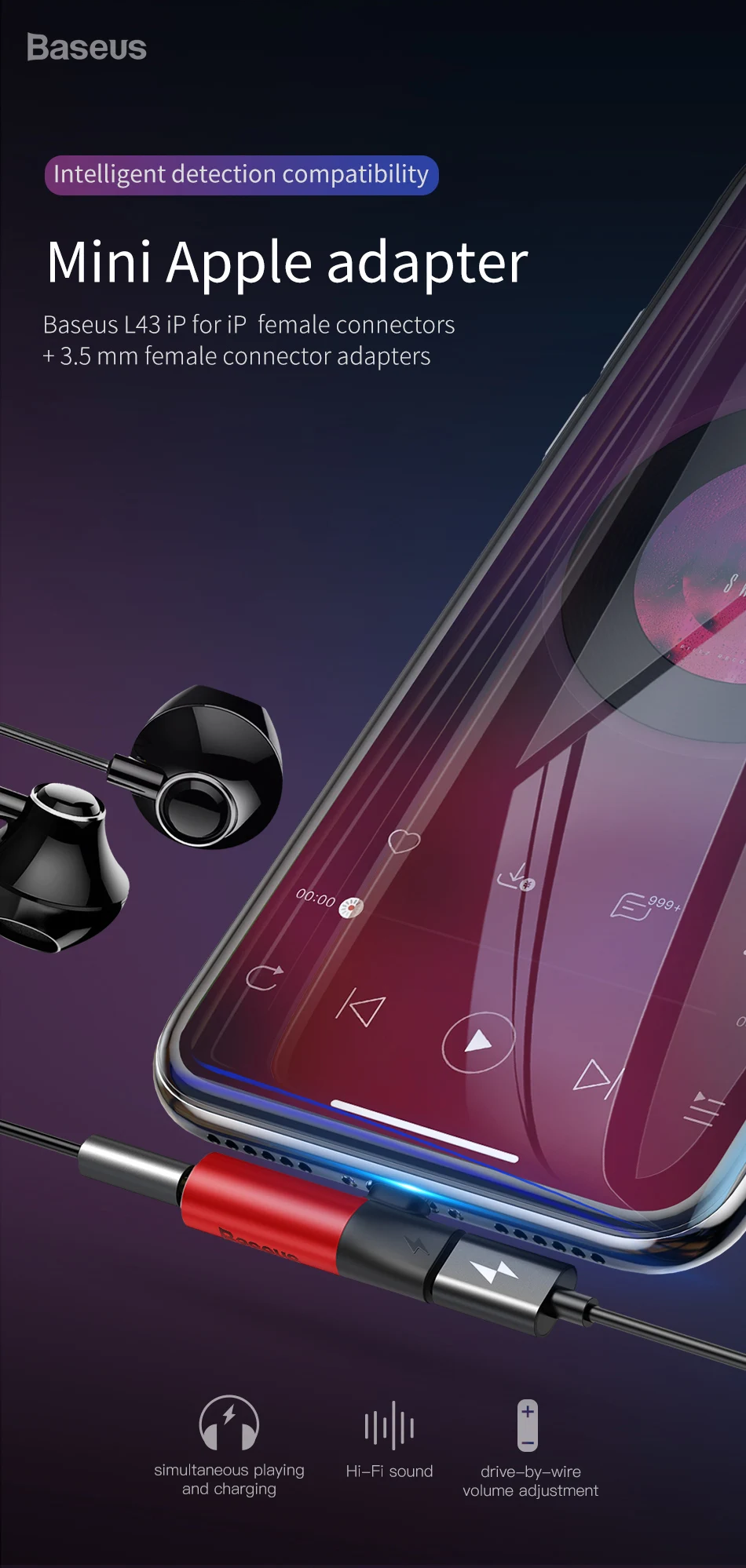 Baseus 2 в 1 для Apple Lightning до 3,5 мм адаптер для наушников аудио Зарядка конвертер для iPhone xs max xr 8 7 6s plus 11 5
