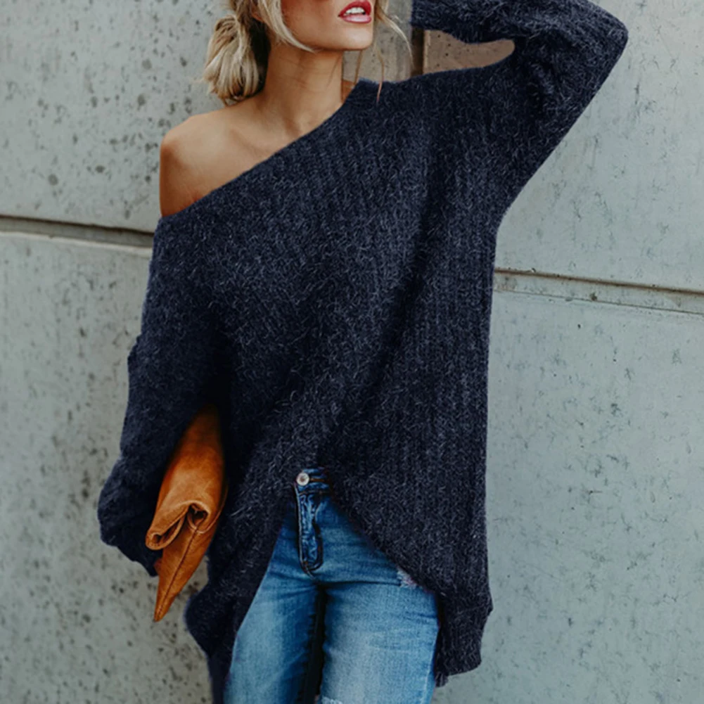 

Womens t shirt Slash Neck Off Shoulder Knitted Pullover Spring Autumn t shirt Loose Ladies Jumper woman tshirts