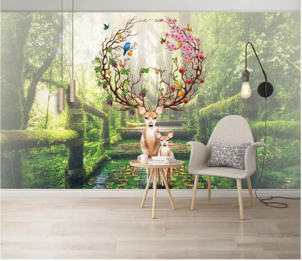 

Custom mural 3d photo wallpaper HD hand-painted fantasy forest flowers elk landscape room wallpaper for walls 3 d in rolls