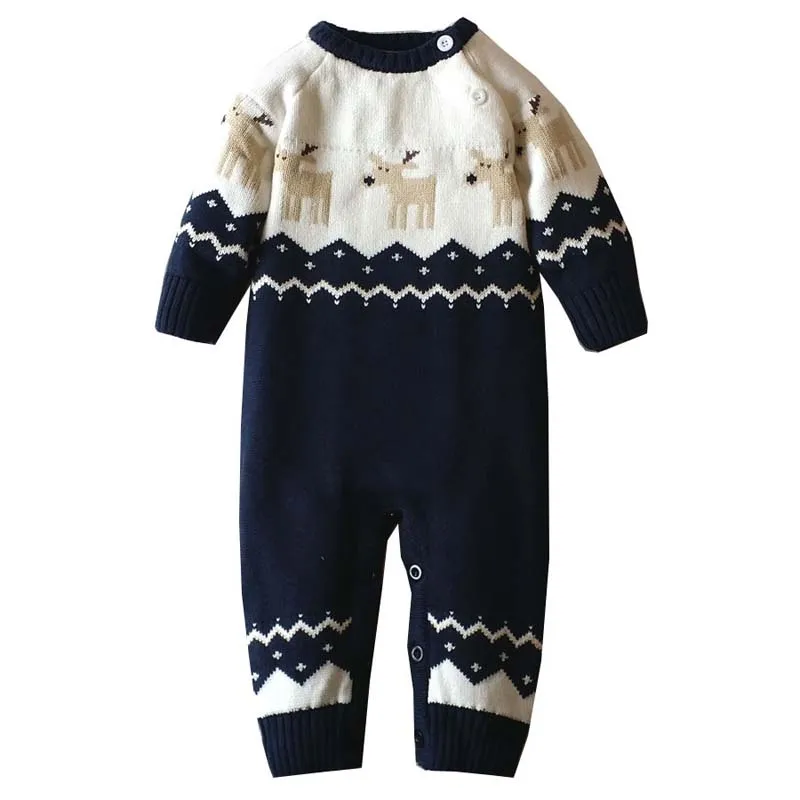 Зимний утепленный комбинезон с капюшоном для маленьких мальчиков и девочек, вязаные свитера для новорожденных, комбинезон с рождественским оленем, Одежда для младенцев 0-18 месяцев - Цвет: Navy blue