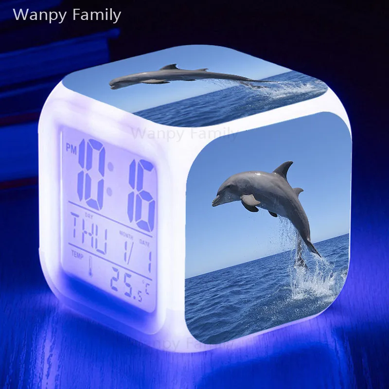 

Very Cute Dolphin Alarm Clock 7 Color Glowing LED Digital Alarm Clock Kids Birthday Gift Multifunction Electronic Watches Clock