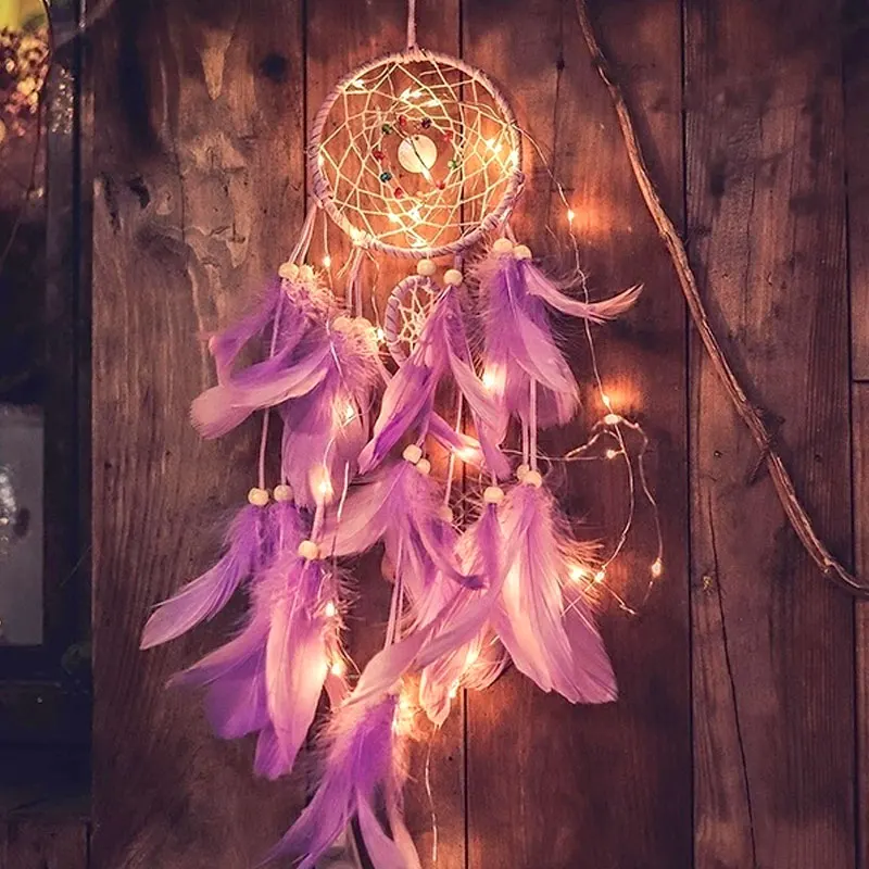 Creative LED Hanging Crafts Ornament Dromenvanger Dreamcatcher Home Wind Chimes Gift Decoration Wall Feathers Car