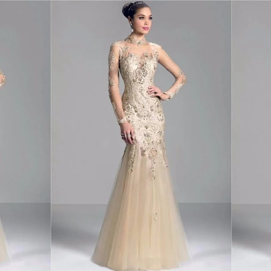 vestido de noiva Champagne High neck Evening 2018 Tulle Mermaid Long Sleeves Sheer Back Zipper Prom DMother of the Bride Dress | Свадьбы и