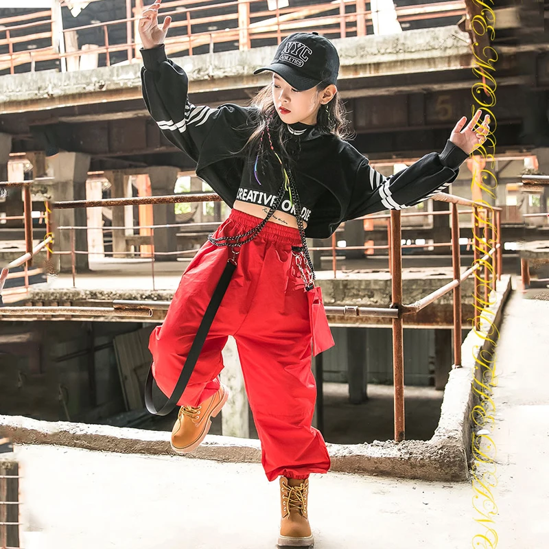 Hip Hop Clothing Girls Jazz Dance Costume Long Sleeve Black Tops Red Cargo Pants Kids Hip Hop Performance Wear Rave Clothes 5049