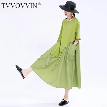 

TVVOVVIN 2020 Summer New Dress Solid Patchwork Vintage Irregular Casual Loose Large Size Pullover Girl Female Pocket A607