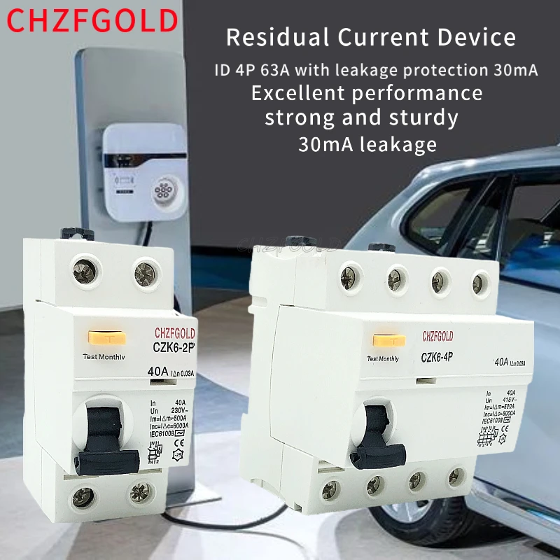 CHZFGOLD2P 16A 63A 10mA 30mA 100mA 6KA RCCB RCD Circuit Breaker
