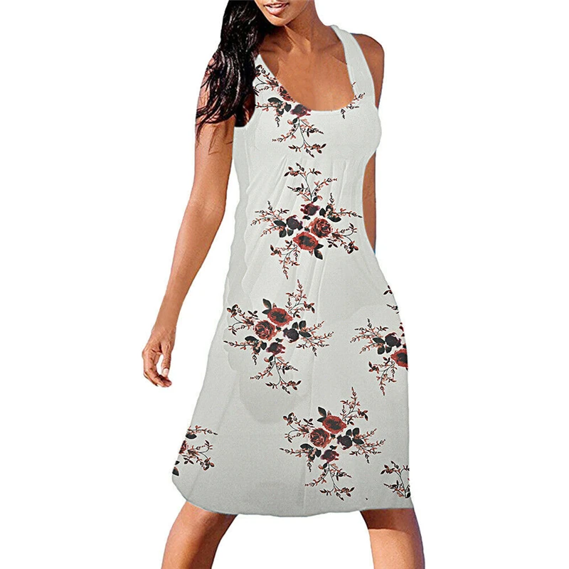Women Summer Dress Casual Loose Sleeveless Ladies Party Dresses Women Evening Floral Print Dress Sundress Womens Dresses