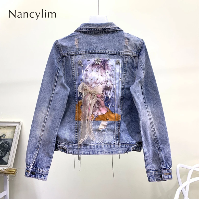 

Spring Autumn Jean Coat Women New Fashion Bead Broken Holes Diamond Ribbon Beautiful Woman Washing Denim Jacket Short Coat Girl