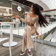 

Women Suit Sexy V-neck Bandage Long Sleeve T-shirt Drawstring Straight Pants 2-piece Set Autumn Black Skinny Harajuku Streetwear