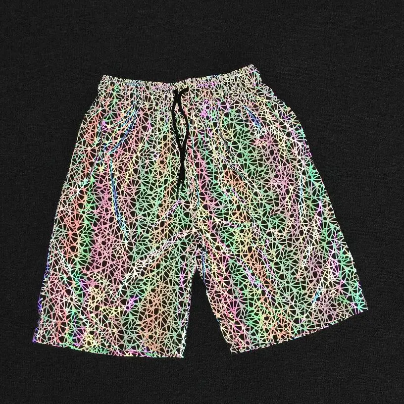 Мужские летние цветные полосатые светоотражающие шорты хип-хоп уличные повседневные короткие брюки мужские для ночного клуба сценический костюм с эластичной талией Бермуды