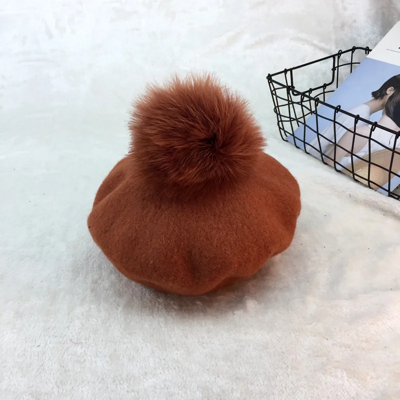 Autumn Winter Thick Wool Beret Women New Fashion Octagonal Cap Super Large Fox Fur Pompom Ball Painter Hat