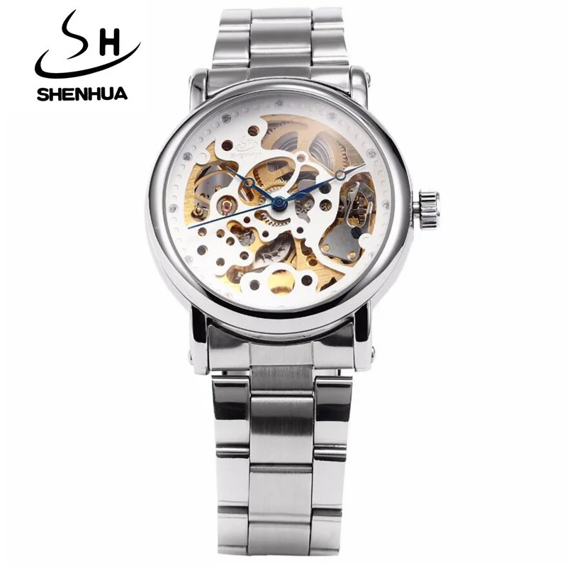 L9352silver Новые часы SHENHUA Skeleton женские модные черные Автоматические механические Женские часы стимпанк повседневные женские часы relogio feminino - Цвет: L9352silver