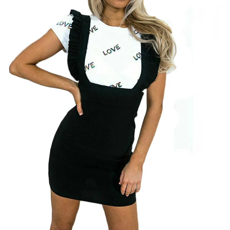 

Women ladies Plain Black Suspender skirts Frill Ruffle Trim Bandage Bodycon Short mini skirt Outfits Casual Party Club clothes