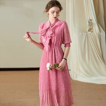 

Summer Dress Women Chiffon 2020 Fashion Printed Stand Collar Bow Half Sleeves Elastic Slim Sweet Pleated Dress Midi S-XL