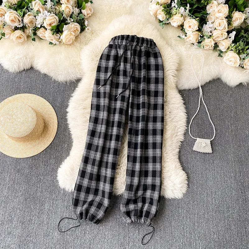 Plaid Pants Women Elastic Waist Adjustable Hem Bottom Female Loose Casual Sweatpants Street Wear Trousers