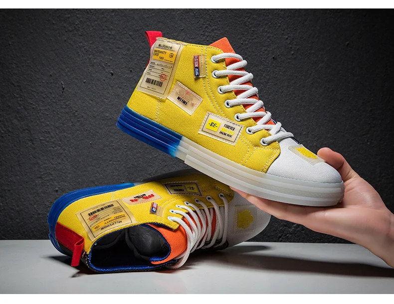 New Non-slip Transparent Rubber Sole Men Canvas Skateboard Shoes Espadrilles Yellow High top Men Canvas Sneakers zapatillas lona