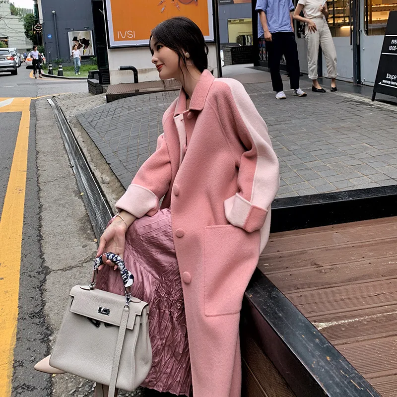 

Highest Quality Chic Thick Double-sided Cashmere Wool Coat Loose Patchwork Warm Women's Winter Coat Turndown Outerwear Long Coat