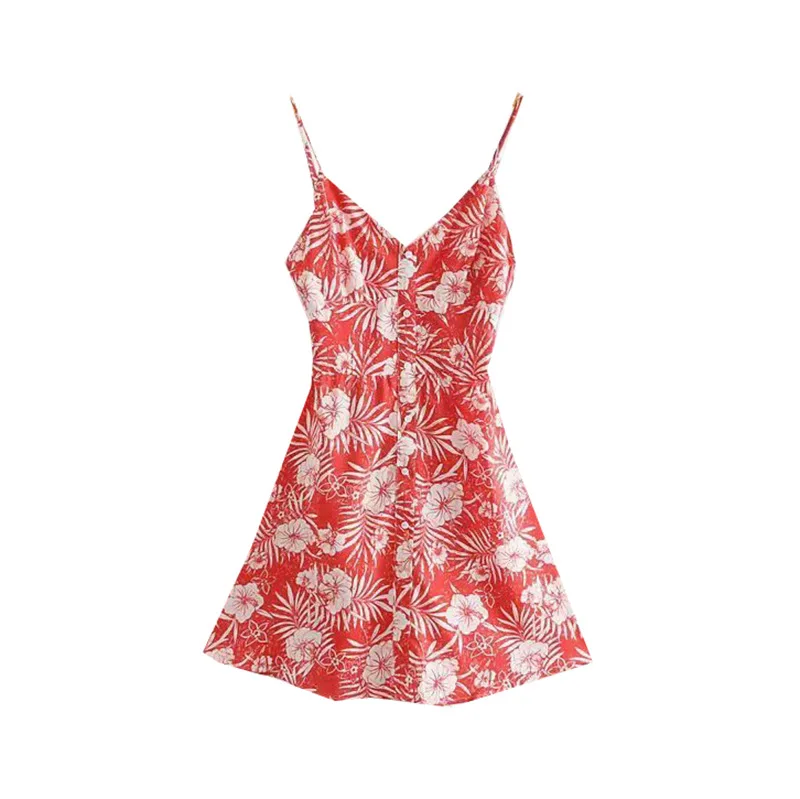 

Summer New Products Youth WOMEN'S Dress Vacation Style Contrast Color Printing Slip Dress Sexy Backless Beach Short Skirt