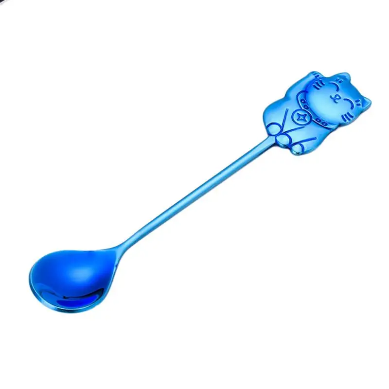 Синий Luck Cat ложка для размешивания кофе 304 из нержавеющей стали Милая мультяшная десертная ложка для еды ужин кухонная кофейная посуда - Цвет: Синий