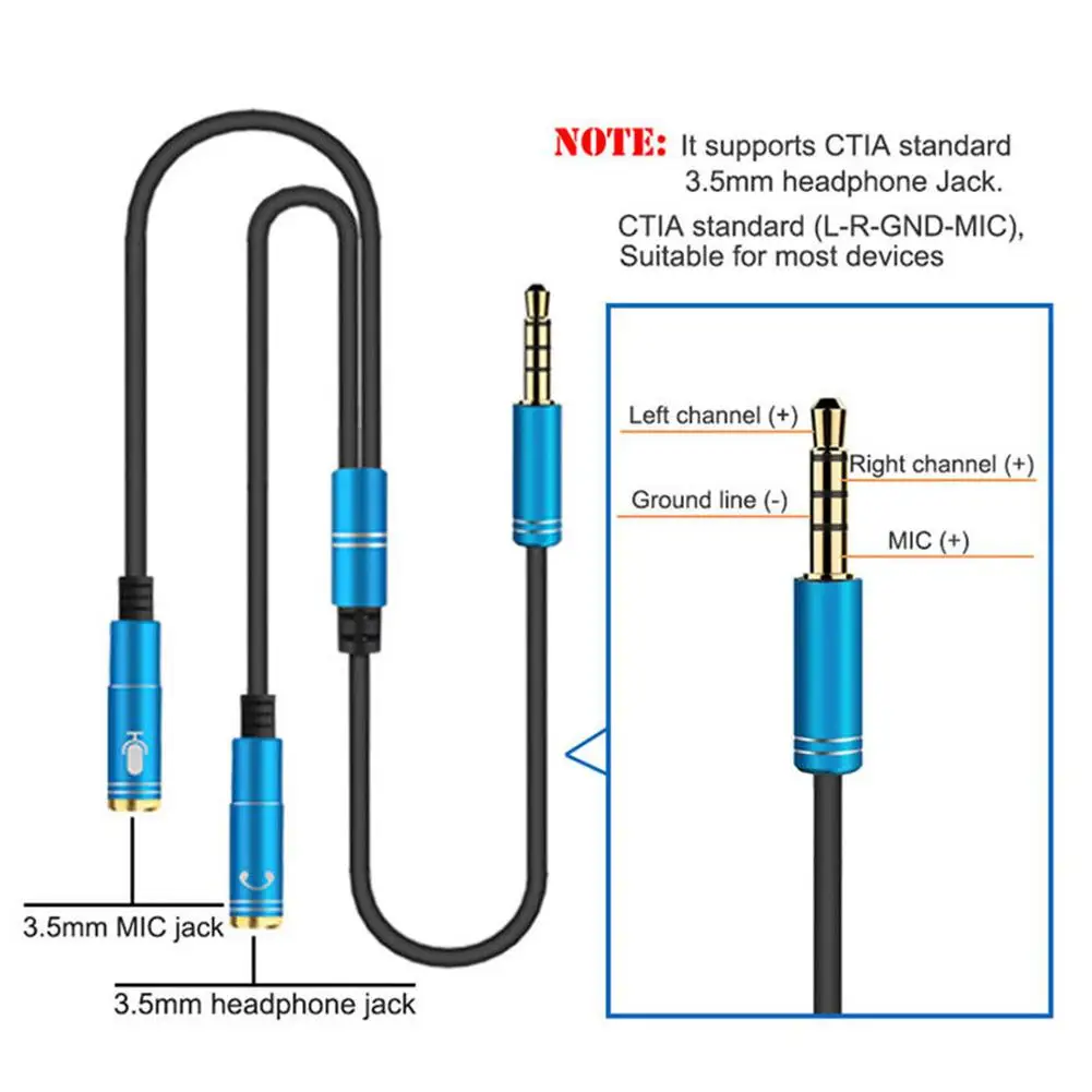 3.5mm Jack Microphone Headset Audio Splitter Cable Female To 2 Male